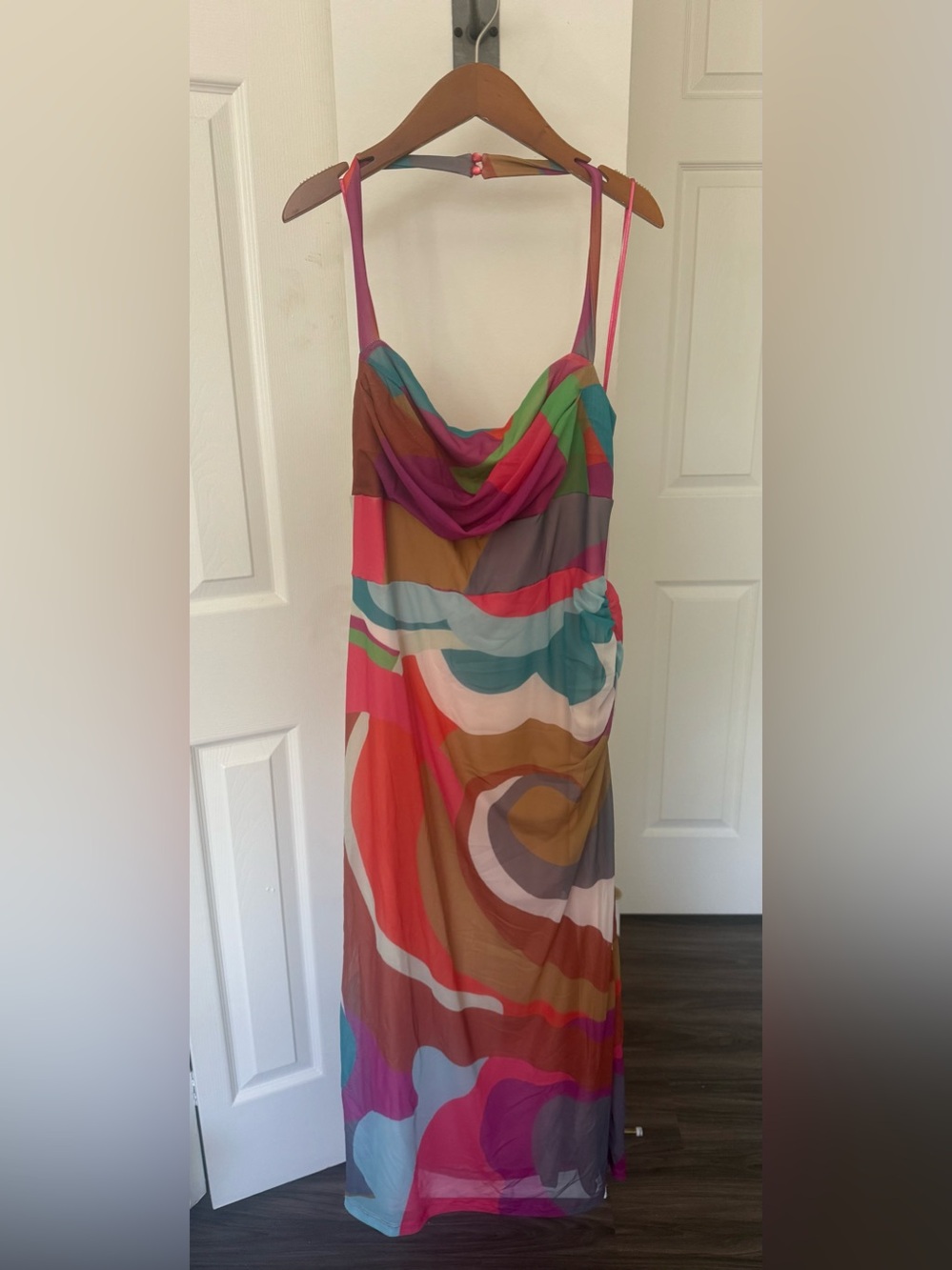 Anthropologie Colorblock Swirl Cowl-Neck Midi Dress - Pink, Teal, Mustard, Brown